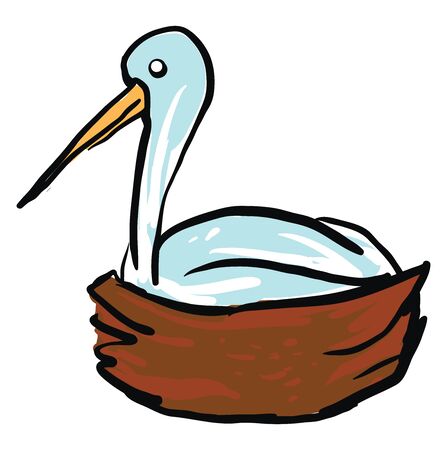 Blue stork in a nest, illustration, vector on white background.のイラスト素材