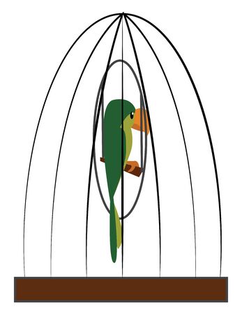 A cartoon of a green parrot in a cage, vector, color drawing or illustration.のイラスト素材