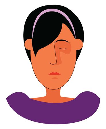 A little girl portrait in a violet dress with eyes closed, vector, color drawing or illustration.のイラスト素材