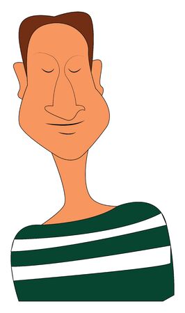 A man in a green and white stripes shirt with eyes closed and a brown hair, vector, color drawing or illustration.のイラスト素材