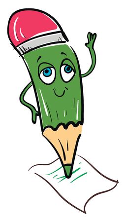 A cartoon of a happy pen with blue eyes and a pink eraser, vector, color drawing or illustration.のイラスト素材