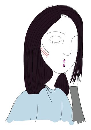 A girl with eyes closed, straight hair, blue shirt and pink lips, vector, color drawing or illustration.のイラスト素材