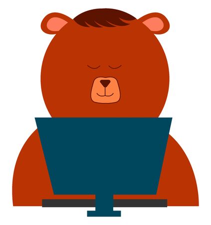 Bear working on pc, illustration, vector on white backgroundのイラスト素材