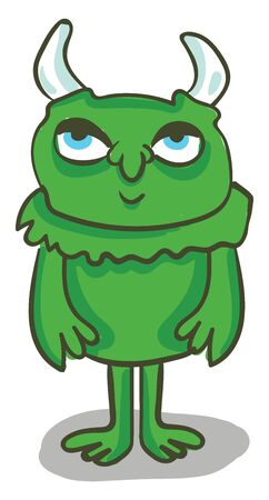 A green monster with big eyes and 2 horns, vector, color drawing or illustration.のイラスト素材