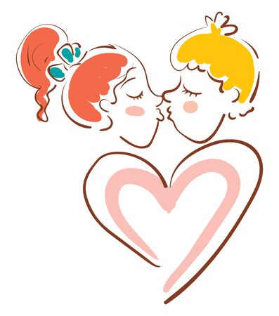 A red haired girl and a yellow haired boy kissing with a heart shaped doodle, vector, color drawing or illustration.のイラスト素材