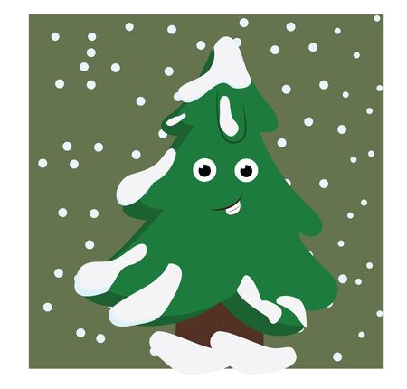 A cartoon of a happy fir tree in the snow, vector, color drawing or illustration.のイラスト素材