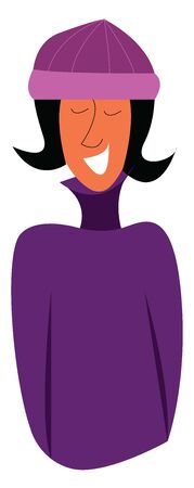 A happy girl in a violet sweater and a purple hat, vector, color drawing or illustration.のイラスト素材