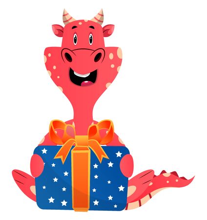 Red dragon is holding present, illustration, vector on white background.のイラスト素材