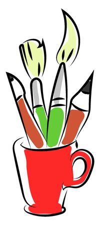 Pencils and brushes in red cup, illustration, vector on white background.のイラスト素材