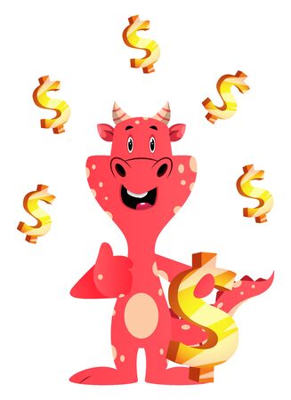 Red dragon is holding dollar sign, illustration, vector on white background.のイラスト素材