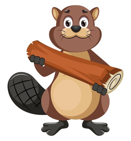 Beaver holding log, illustration, vector on white background.のイラスト素材