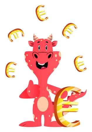 Red dragon is holding euro sign, illustration, vector on white background.のイラスト素材