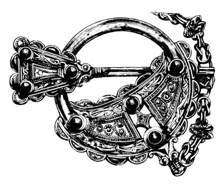 Round Brooch has a pin that goes through the center, vintage line drawing or engraving illustration.のイラスト素材