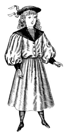 Girl's Summer Dress has a large collar, vintage line drawing or engraving illustration.のイラスト素材