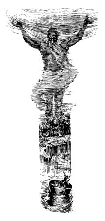 An old man raising hands in up direction and little boy in bowl in the water vintage line drawing or engraving illustrationのイラスト素材