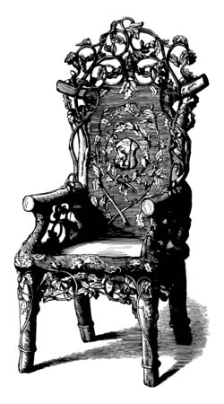 Rustic chair made from oak wood has a carving of vine and leaf design all over the chair vintage line drawing or engraving illustrationのイラスト素材