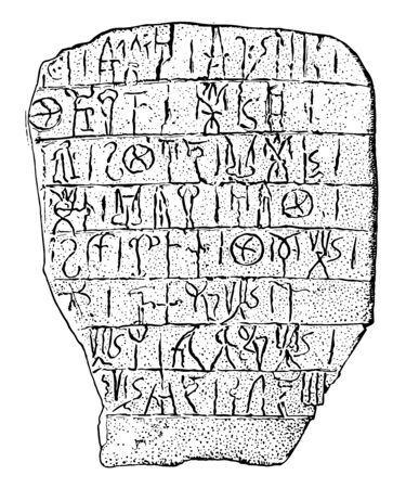 Cretan Writing or linear script originated in palace Gnossus undeciphered hieroglyphs vintage line drawing or engraving illustration.のイラスト素材