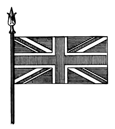 Union (National) Flag of Great Britain, this flag has cross of vertical stripes with outline superimposed on diagonal cross, and horizontal lines all over the flag, vintage line drawing or engraving illustration のイラスト素材