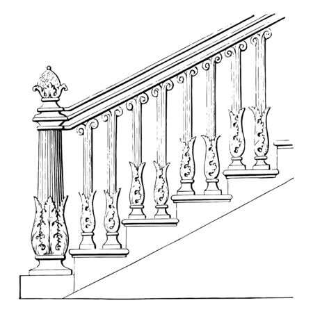 Stair Rail is made out of earthenware, welded steel rod, reads, stair handrails, vintage line drawing or engraving illustration.のイラスト素材