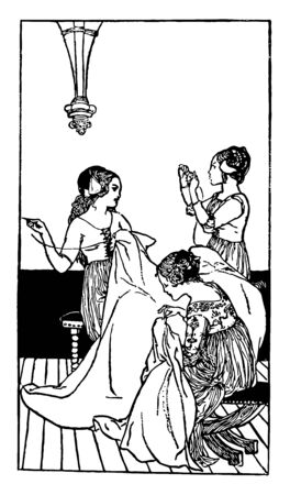 Beauty and the Beast is a fairy tale by artist Robert Anning Bell it is head by using the line between the horns and draw over the final sketch lines vintage line drawing or engraving illustration.のイラスト素材