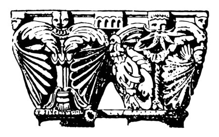 Antic ludicrous grotesque part wildly playful funny vintage line drawing or engraving illustration.のイラスト素材