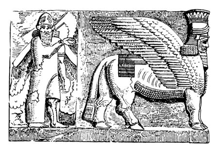 Assyrian Wall Relief have showing four hunters vintage line drawing or engraving illustration.のイラスト素材