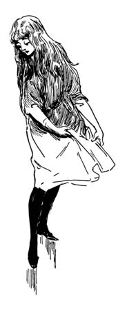 Alice in Wonderland this scene shows a girl with long hair looking down at her legs holding her top in hands vintage line drawing or engraving illustrationのイラスト素材