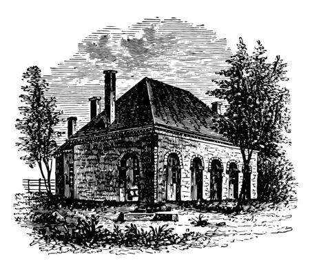 It is a ancient court house which are surrounded by green tree & plants vintage line drawing or engraving illustration.のイラスト素材