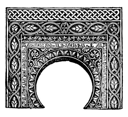Arabesque Archway a style of ornamentation represented men animals the latter consisting of mythic as well as actual forms mathematical figures vintage line drawing or engraving illustration.のイラスト素材