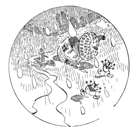 Acorn Home this scene shows heavy rain and many ants coming out from their flooding acorn home and running vintage line drawing or engraving illustration のイラスト素材
