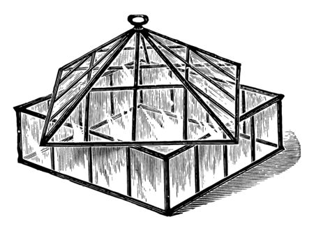 This illustration represents Hand Glass which are used as temporary coverings for plants vintage line drawing or engraving illustration.のイラスト素材
