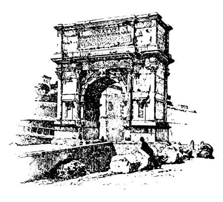 Arch of Titus, honorific arch,  located on the Via Sacra, the south-east of the Roman Forum, vintage line drawing or engraving illustration.のイラスト素材