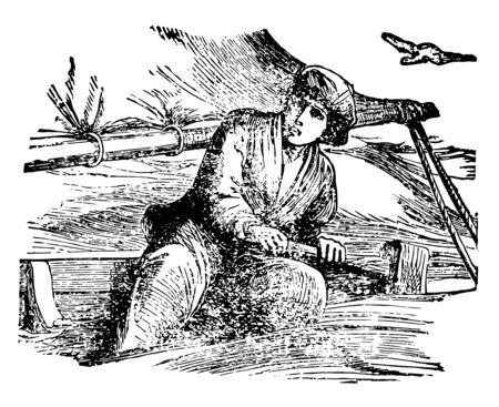 A scene from the story Anne Lisbeth this scene shows a seated man holding some instrument in hand and a flying bird vintage line drawing or engraving illustrationのイラスト素材