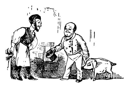 Barber barber shave a pig this scene shows two men one man with his pig telling something to another man vintage line drawing or engraving illustrationのイラスト素材