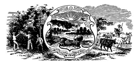 The official U.S. state seal of Ohio this seal shows tree and three men doing some work underneath of that tree in left side it also shows sunrise mountains arrows sheaf horse rider and oxes this vintage line drawing or engraving illustrationのイラスト素材