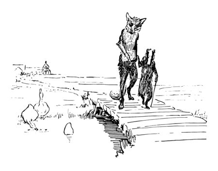 Reynard the Fox: Walking with Grimbard this scene shows the fox holding book and the badger walking together on bridge and birds in the water vintage line drawing or engraving illustrationのイラスト素材