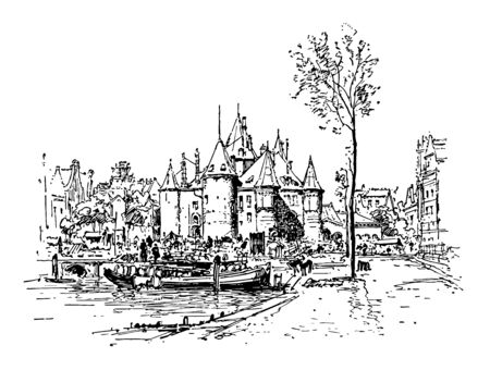 Town is a human settlement larger than a village but smaller than a city vintage line drawing or engraving illustration.のイラスト素材