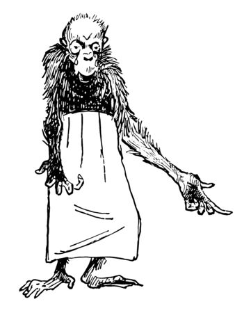 Reynard the Fox: Rukenaw the Ape this scene shows the monkey wore skirt and tears falling from eyes vintage line drawing or engraving illustrationのイラスト素材
