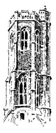 Lantern Tower at Grey Friars, King's lynn, Gothic architecture, lantern tower, frequently placed, center of cross churches, a friary in Norfolk, England, vintage line drawing or engraving illustration.のイラスト素材
