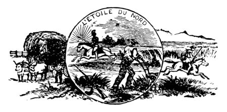 The official seal of the U.S. state of Minnesota this seal has bullock cart on left side on right side a man riding horse in center an American riding horse with spear farmer plowing sunrays vintage line drawing or engraving illustrationのイラスト素材