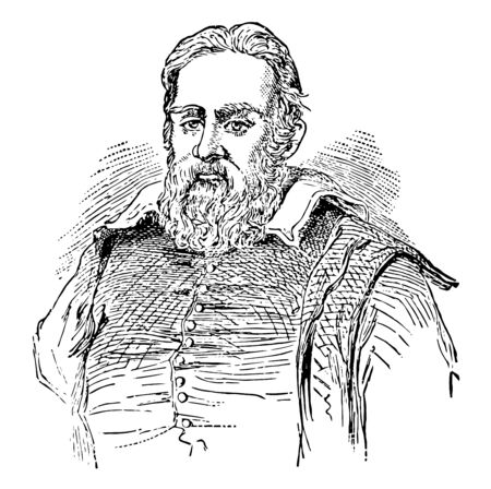 Galileo Galilei, 1564-1642, he was an Italian polymath, astronomer, physicist, engineer, philosopher, and mathematician who was one of the great creators of experimental science, vintage line drawing or engraving illustrationのイラスト素材