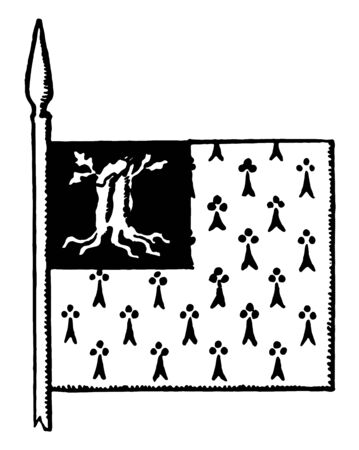 The Banner is a flag of Great Britain this banner has canton with tree trunk and small tree type figure vintage line drawing or engraving illustration のイラスト素材