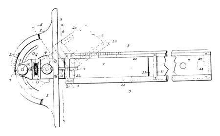 Adjustable Drafting T to Square is a short crosspiece that slides along the edge of the drawing board it is the blade member and cross member can be adjusted and secured vintage line drawing or engraving illustration.のイラスト素材