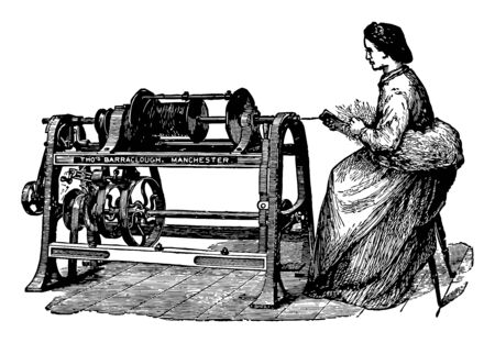This illustration represents a woman makes rope using an early type of machine for spinning rope yarn vintage line drawing or engraving illustration.のイラスト素材