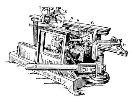 This illustration represents Large Sliding Microtome for Slicing Microscope Samples vintage line drawing or engraving illustration.のイラスト素材