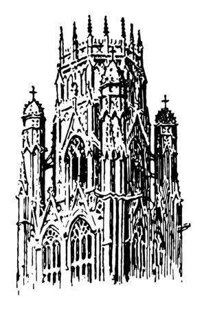 Lantern Tower at St. Ouen; Rouen, France, In Gothic architecture, frequently placed over the center of cross churches, the light admitted by windows in the sides, vintage line drawing or engraving illustration.のイラスト素材