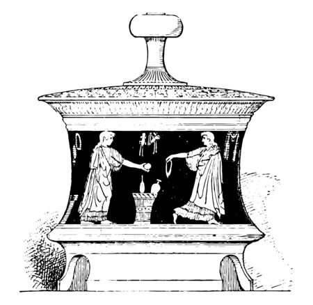 Pyxis is a type of cylindrical vase or box with a cover its used especially for women vintage line drawing or engraving.のイラスト素材