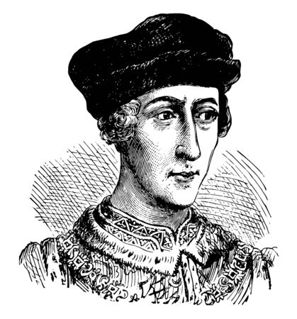 Henry V of England,  1386-1422, he was the king of England from 1413 to 1422 and the second English monarch who came from the House of Lancaster, vintage line drawing or engraving illustrationのイラスト素材