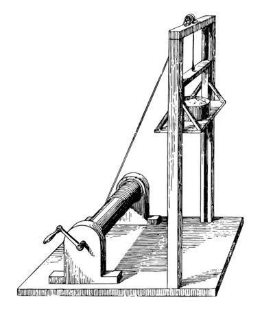 This illustration represents Brick and Mortar Elevator where small pulley used vintage line drawing or engraving illustration.のイラスト素材