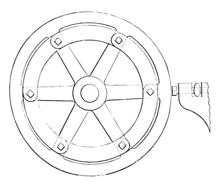 This illustration represents Turning Hand Wheels while moving threaded tool to the desired radius, vintage line drawing or engraving illustration.のイラスト素材